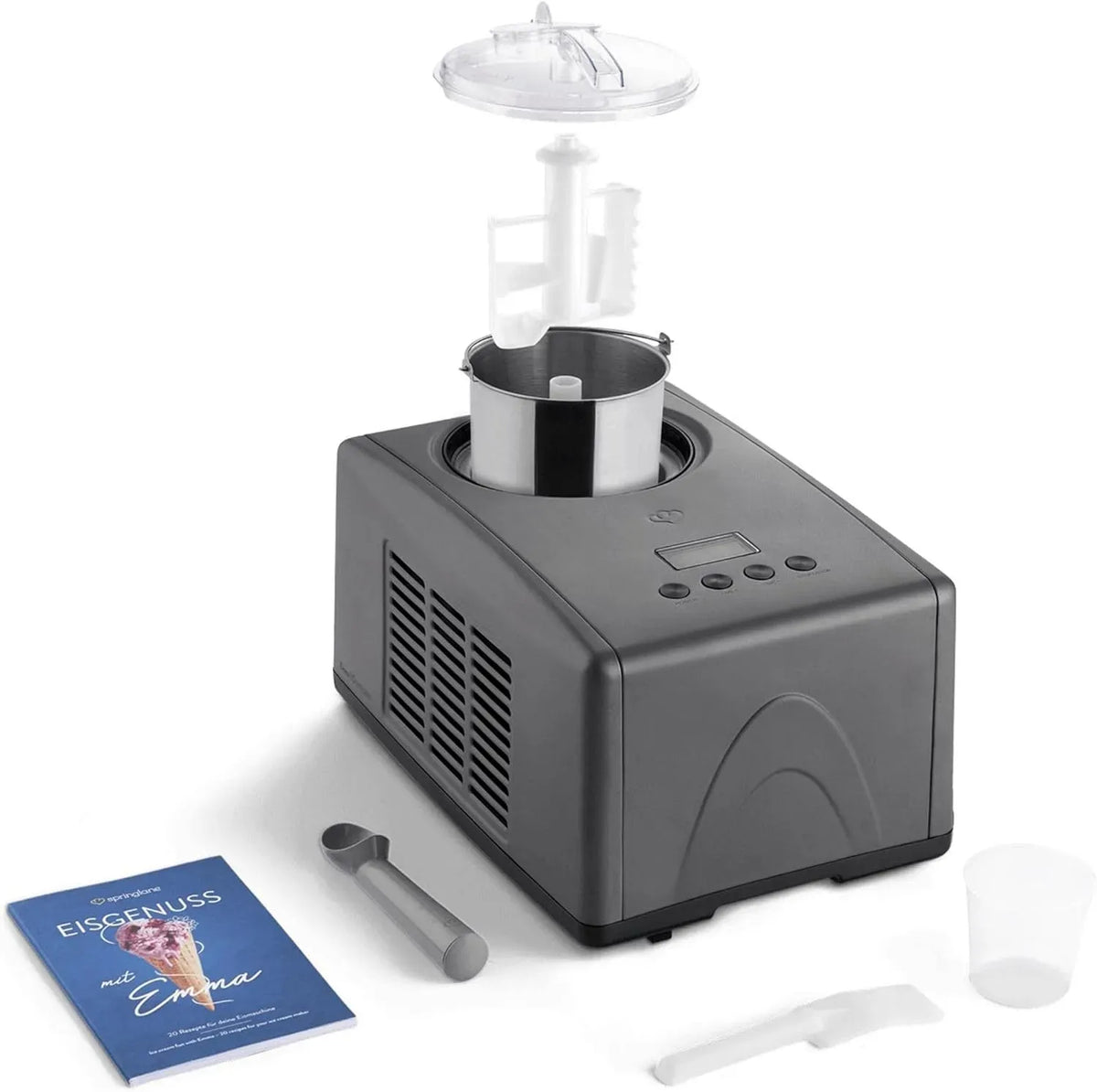 Anthracite, Sorbetière Emma 1,5 L équipé de compresseur auto-refroidissant 150 W, en acier inoxydable avec bac à glaçons amovible, avec livret de