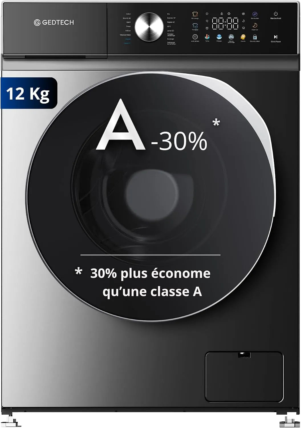 Lave-linge, 16 programmes, 12 kg, GEDTECH GLLPS121400DG, Panneau commande LED couleur, 1400 tr, mn
