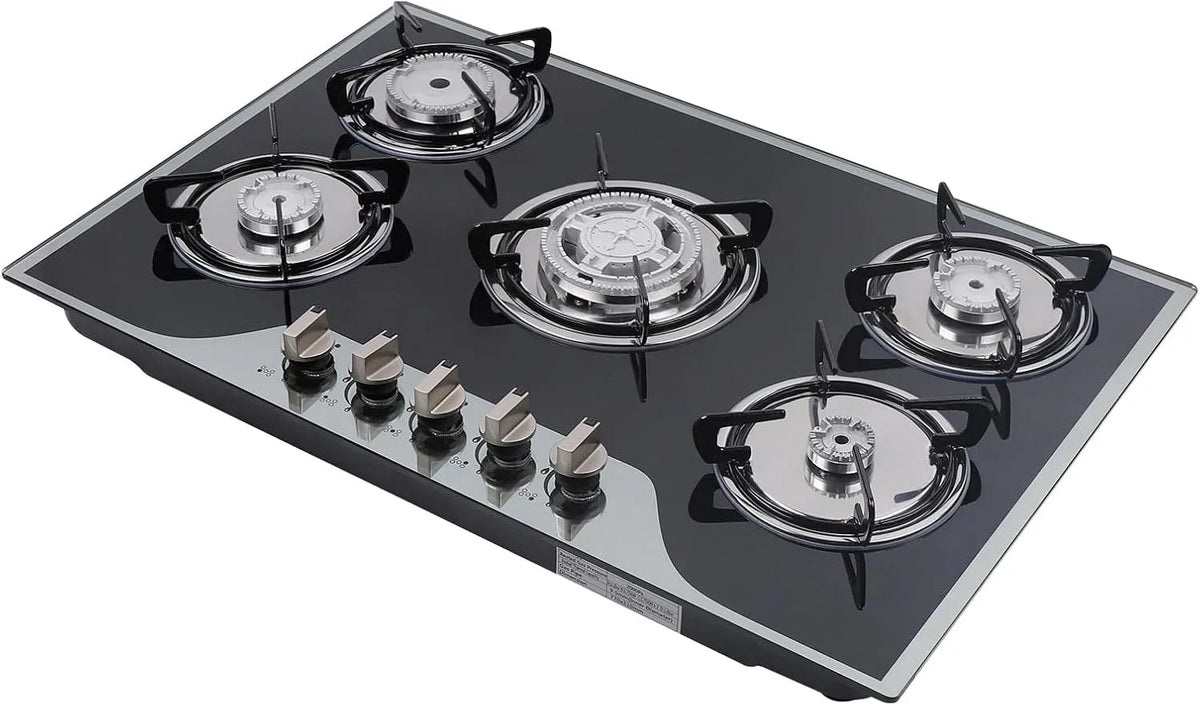 Cuisinière avec four, 77, 5 x 51 x 6, 5 cm, encastrable, 5 brûleurs, plaque de cuisson à gaz, en verre trempé, peut traiter différents ustensiles de