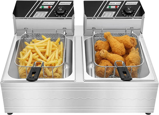 fins commerciales, snacks, pour restaurants, Friteuse électrique double en acier inoxydable 12 l, Friteuse 5000 W thermostats panier de friture avec