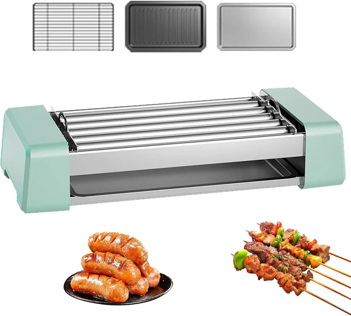 Poêle grill, 500 W, revêtement antiadhésif, restaurant, vert, Cuiseur-Grill À Saucisses 500W, 5 Rouleaux Antiadhésifs