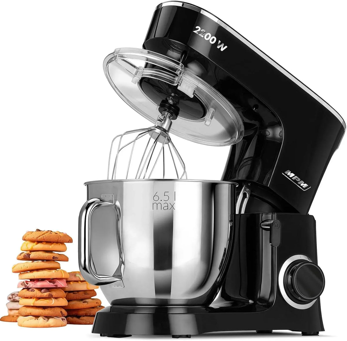 Robot de cuisine, 6,5 L, 2200 W, MPM MRK-19, professionnel, acier inoxydable, 6,5L Bol en Acier Inox, 6 Vitesses + Fonction Pulse, 3 Accessoires