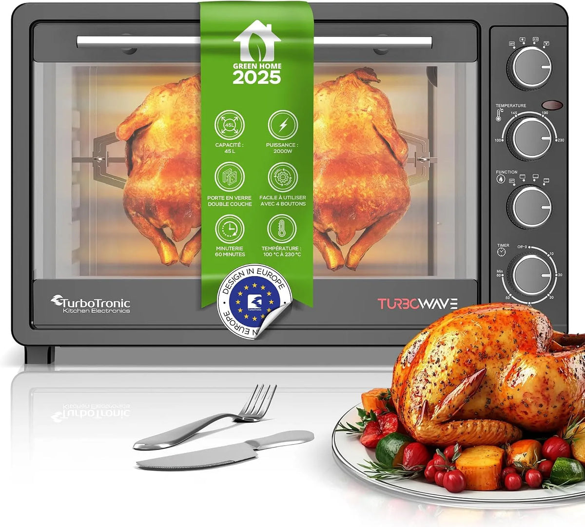 Four électrique, 45 L, 2000 W, compact, camping, 45L, 2000W, Mini Four Polyvalent pour Cuisson Rapide et Économique, Idéal pour Petites Cuisines et