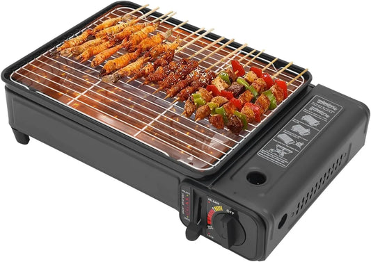 Produit 2 kW avec butane, GPL, Barbecue à gaz portable 2, allumage piézoélectrique, protection contre la surpression, 2 plaques de cuisson et bac