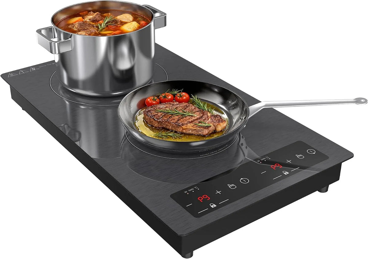 Plaque à induction, 51cm, 2 foyers, 3000 W, table de cuisson à induction, verrouillage, encastrable, minuteur, pose libre, Réchaud avec Sécurité