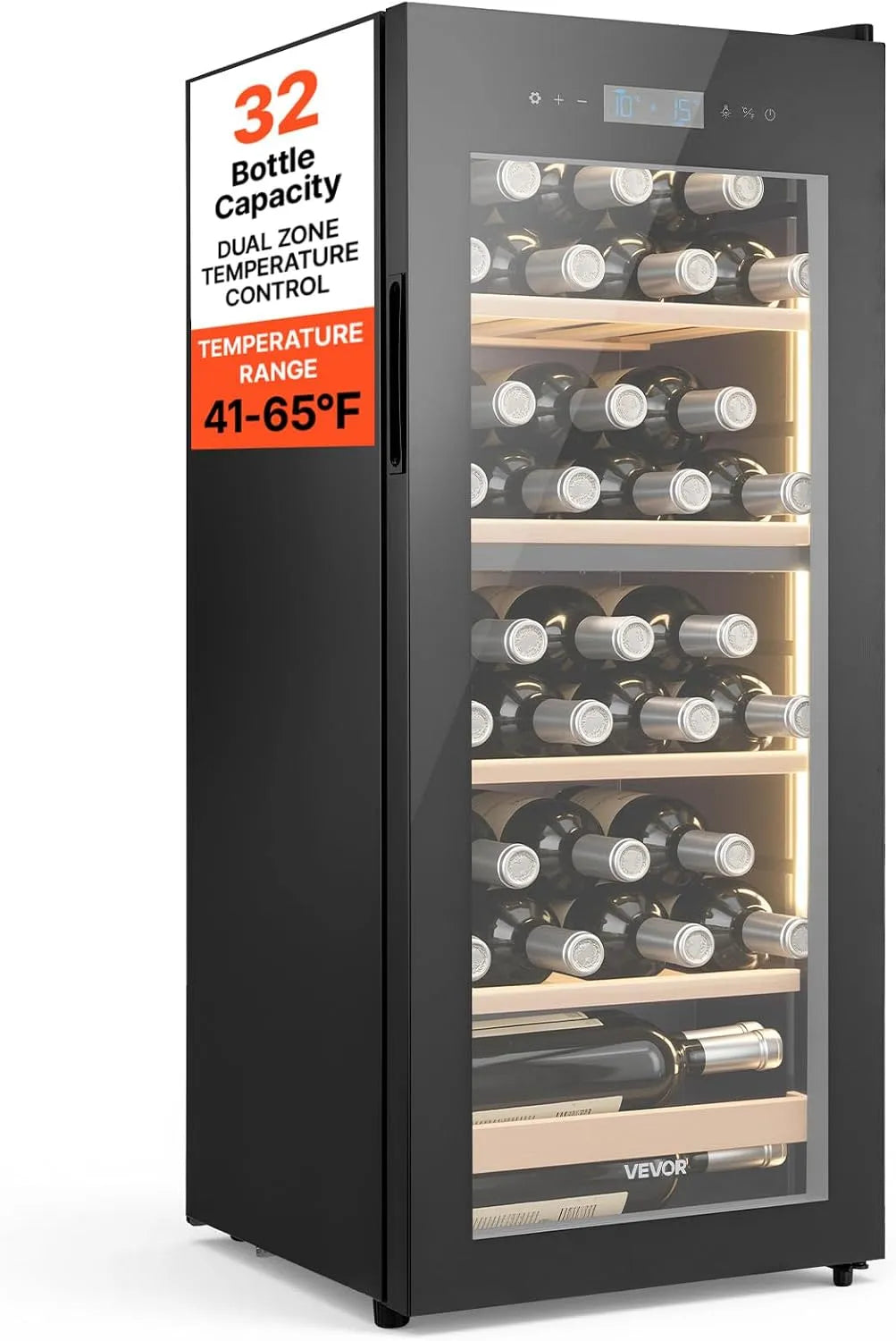 VEVOR Cave à vin électrique, 32 bouteilles, 5 à 18 °C, 2 zones de température, verre, pour Rouges Blancs Champagnes Effervescents Maison Bar