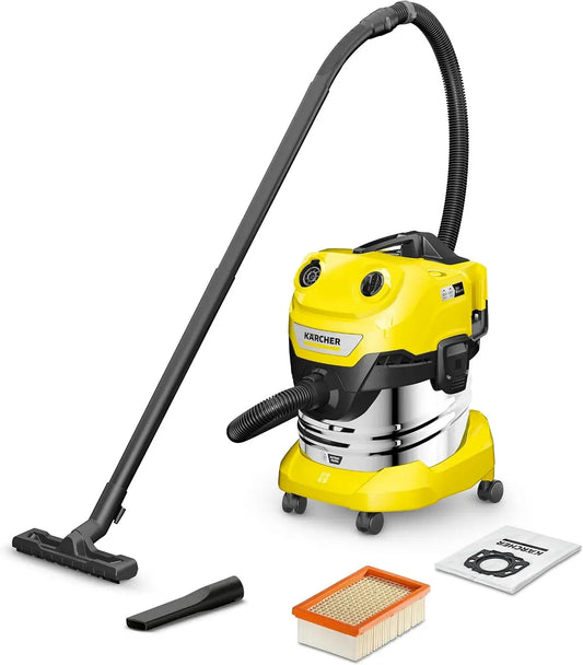 Kärcher WD 4 Aspirateur, 20 L, 36 V, acier inoxydable, 2 Batteries 18V Non-Incluses, Cuve Inox 20L, Tube Aspiration 2,2m, 2,2 m