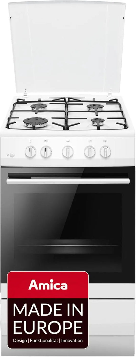 Amica Cuisinière avec four, 58 L, 11559 W, blanc, convertible en gaz liquéfié 50 m bar, plaque de cuisson à gaz réglable au gaz naturel 20 m bar