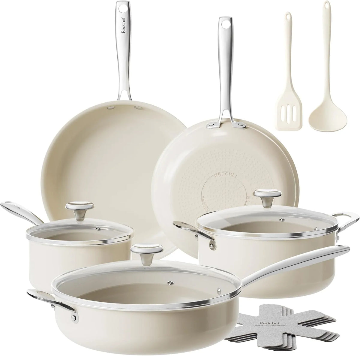 Ustensile de cuisson, sans PFAS PFOA et PTFE, ustensile de cuisine, Redchef Batterie de cuisine en céramique antiadhésive 14 pièces avec poêles