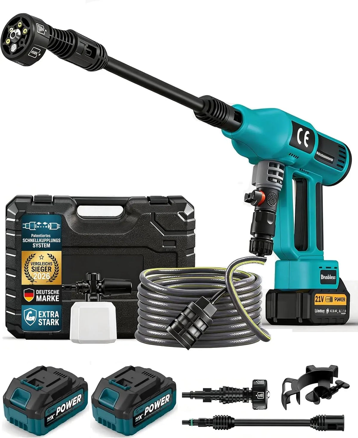 Nettoyeur haute pression 4.0Ah 6-en-1, 1500 W, écran LCD, bleu, Moteur sans Balais 1500W, Buse & Tuyau 5m, 600 L/h, 2X Batteries