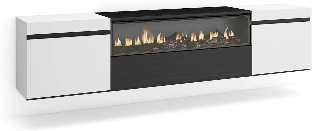 Meuble TV, 80 pouces, 200x45x35cm, noir, foyer électrique, Skraut Home