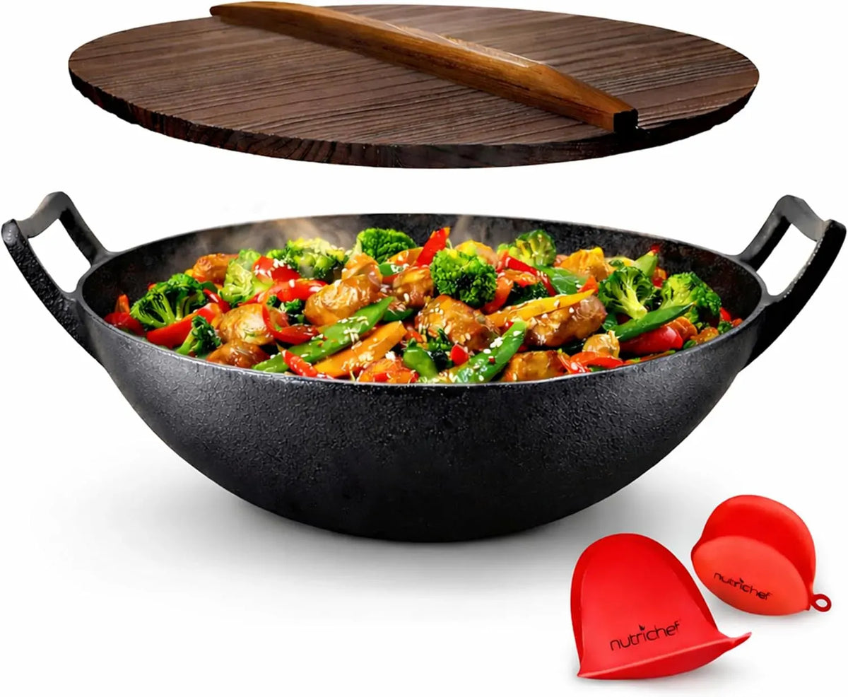 Ustensile de cuisson, 5,5 L, fonte, noir, NutriChef Wok en Fonte-Pré-assaisonnée de 5,5 L