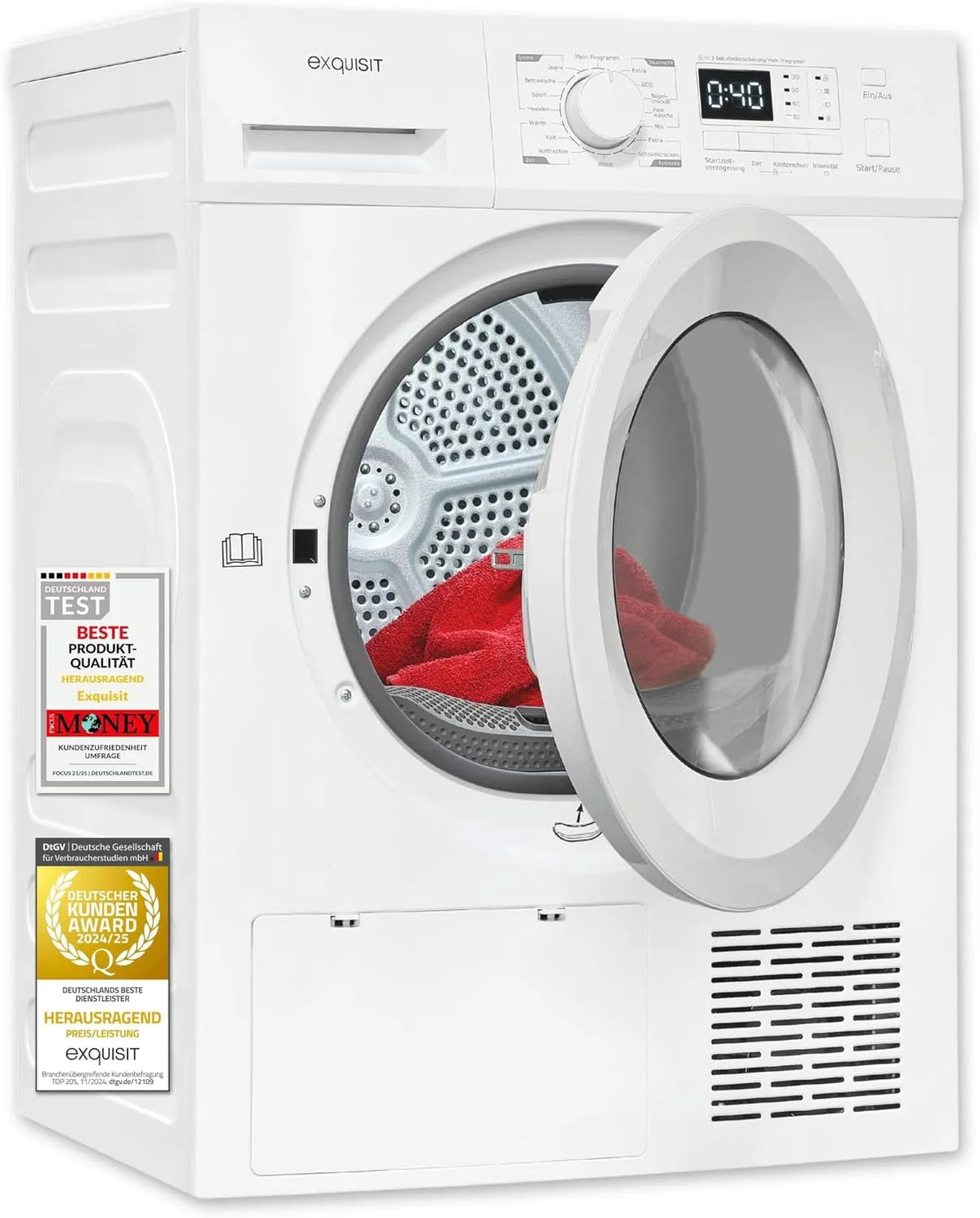 Exquisit TWP803-031D Sèche-linge, 16 programmes, 8 kg, verrouillage, blanc, éclairage intérieur LED, protection anti-froissement, sécurité enfant