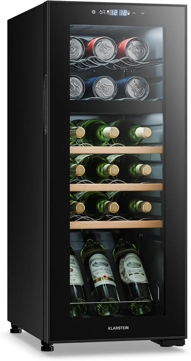 Klarstein range-bouteille avec 2 zones de refroidissement, caves à vin 18 bouteilles en pose libre, compresseur économique, porte-bouteille idéal pour