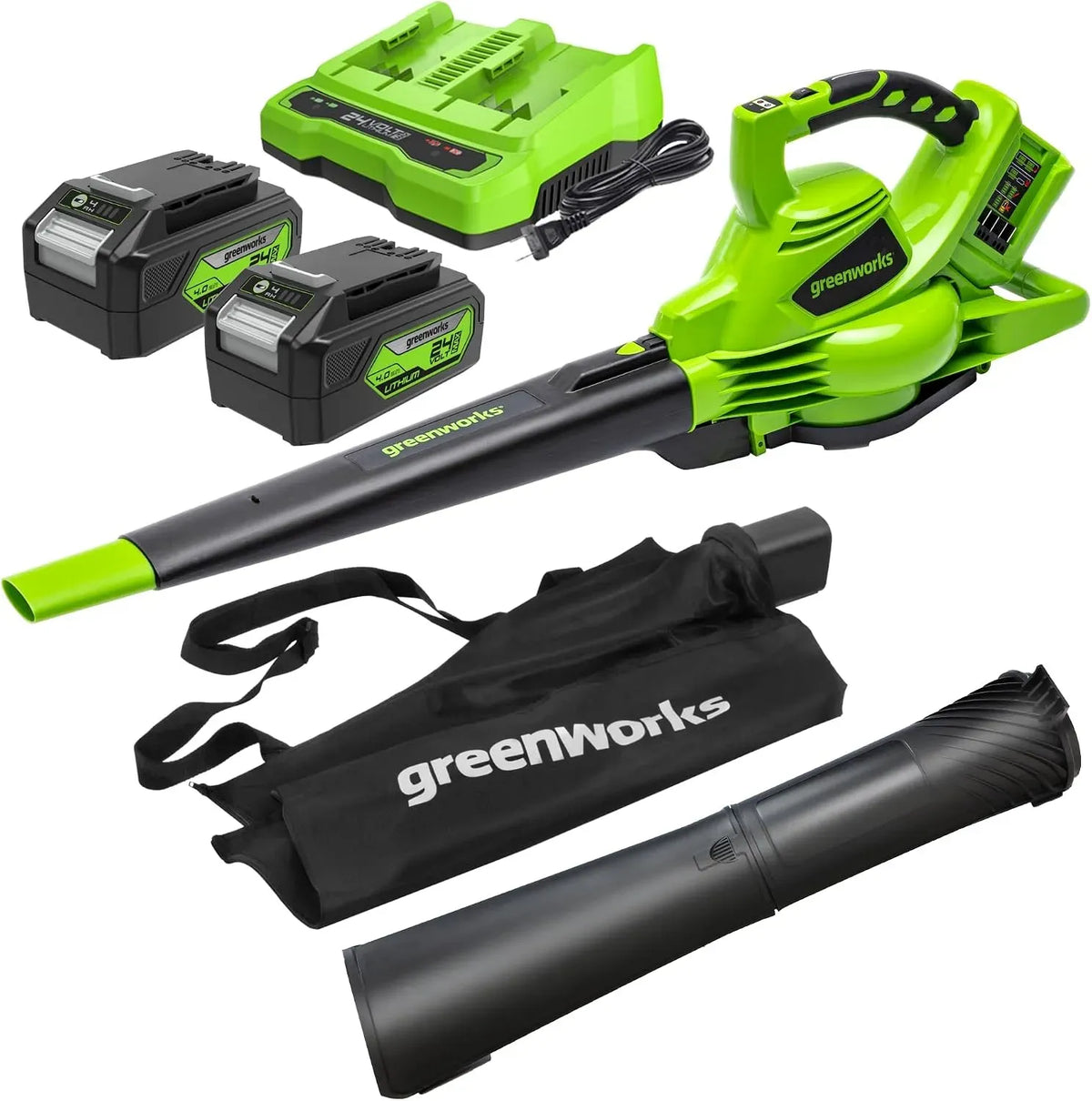 Aspirateur 322km/h 4Ah, 45 L, 24 V, Garantie 3 Ans GD24X2BVK4X, Greenworks 48, Sac Mulching 45L, 9m³/min