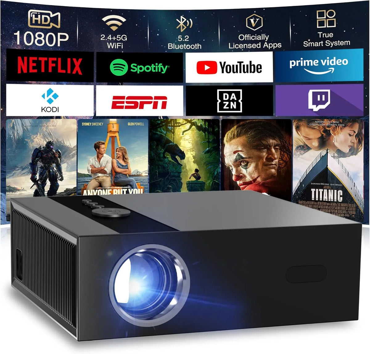 Google 1080P WiFi6 Smart TV, téléviseur, 4K UHD, Wi-Fi, portable, Bluetooth, Full HD, 4 Home Cinema, Plafond, Chambre, Vidéoprojecteur 4K 8K【Google TV