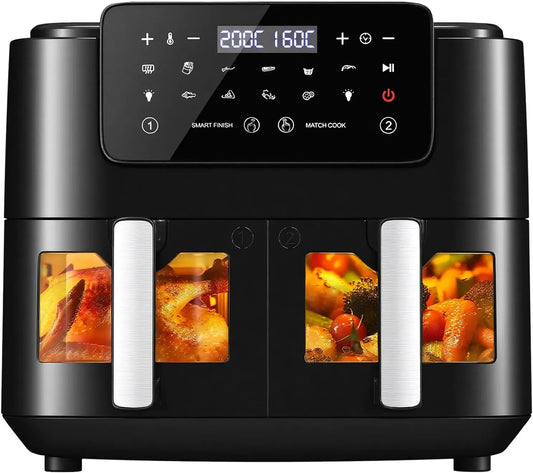 Friteuse à air chaud, 9 L, 2400 W, 12 programmes, LLIVEKIT, tactile, gril, noir, Paniers et Grilles Anti-Adhésifs, Panneau Tactile LED