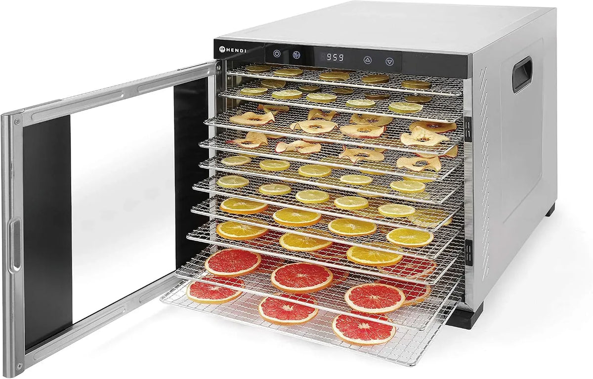 machine à sécher, déshydrateur alimentaire, 1000 W, 35 à 75 °C, 230 V, 430 mm, minuteur, 2 zones de température, acier inoxydable, 10 plateaux