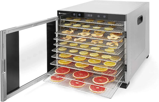 machine à sécher, déshydrateur alimentaire, 1000 W, 35 à 75 °C, 230 V, 430 mm, minuteur, 2 zones de température, acier inoxydable, 10 plateaux