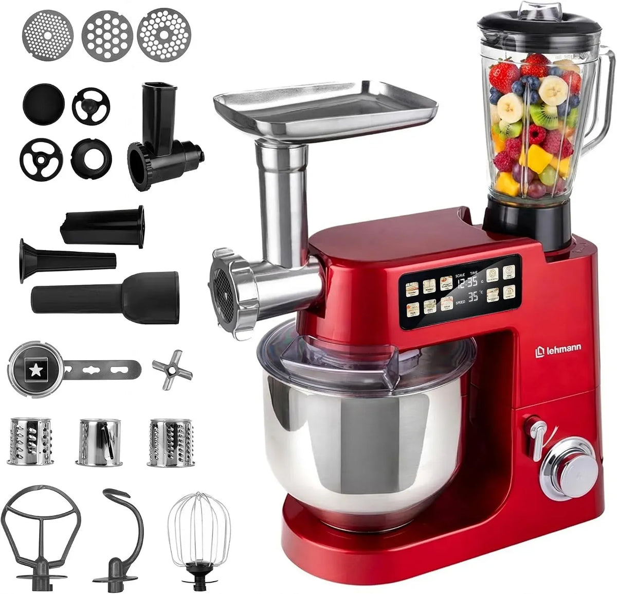 Blender, 8 L, 2100 W, LEHMANN, pizza, professionnel, rouge, Pétrin à Pain et Pizza, 1,5 L