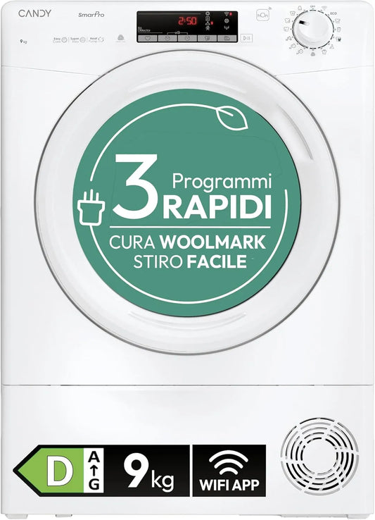 Candy EH9N2TE-S Sèche-linge, 9 kg, 64 dB, tactile, Wi-Fi, Départ différé 24 heures, 14 Cycles, 3 Séchage Rapide, Candy Smart Pro CRO EH9N2TE-S Sèche