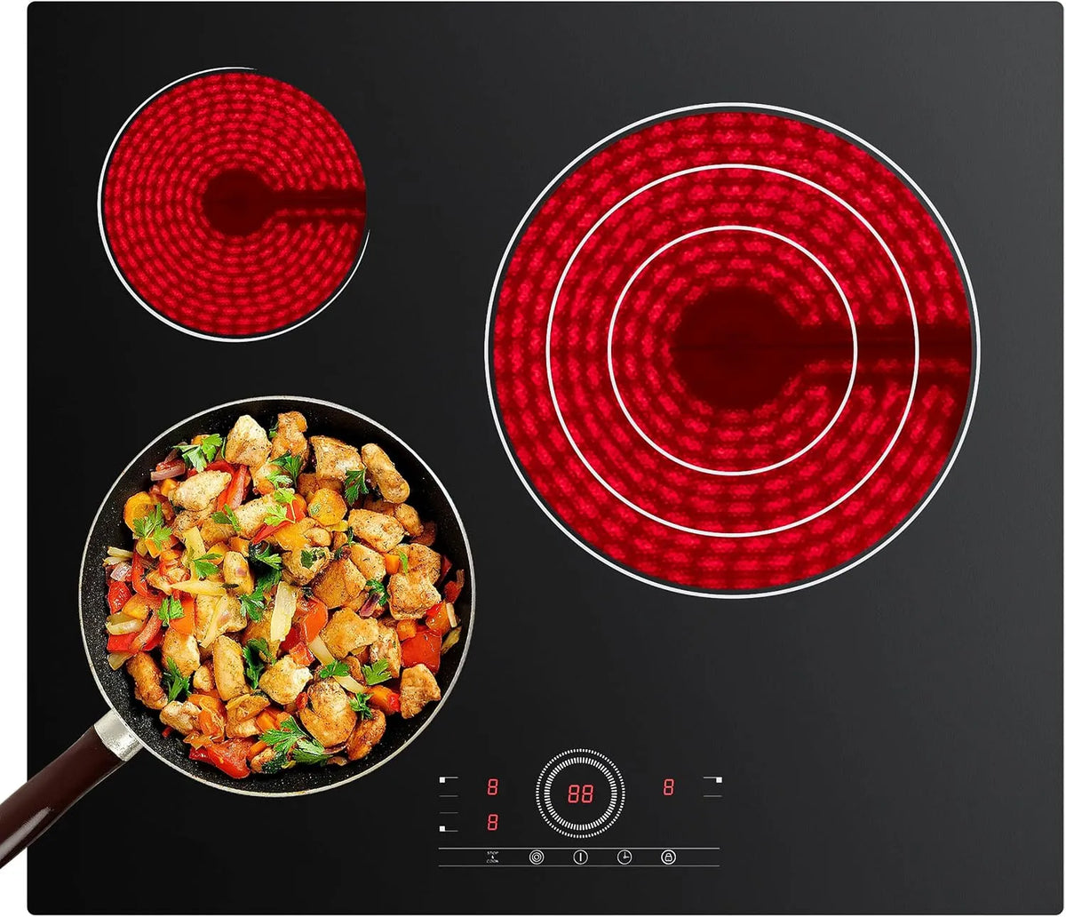 Plaque vitrocéramique, 59 cm, 3 foyers, 5700 W, encastrable, tactile, minuteur, 9 Niveaux, Pour tous Types de Casseroles