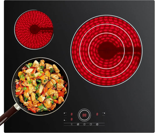 Plaque vitrocéramique, 59 cm, 3 foyers, 5700 W, encastrable, tactile, minuteur, 9 Niveaux, Pour tous Types de Casseroles