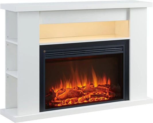 Radiateur électrique, 2000 W, BALDERIA, minuteur, éclairage LED, thermostat, effet 3D, blanc, Cheminée électrique sur pied avec effet de flamme 3D