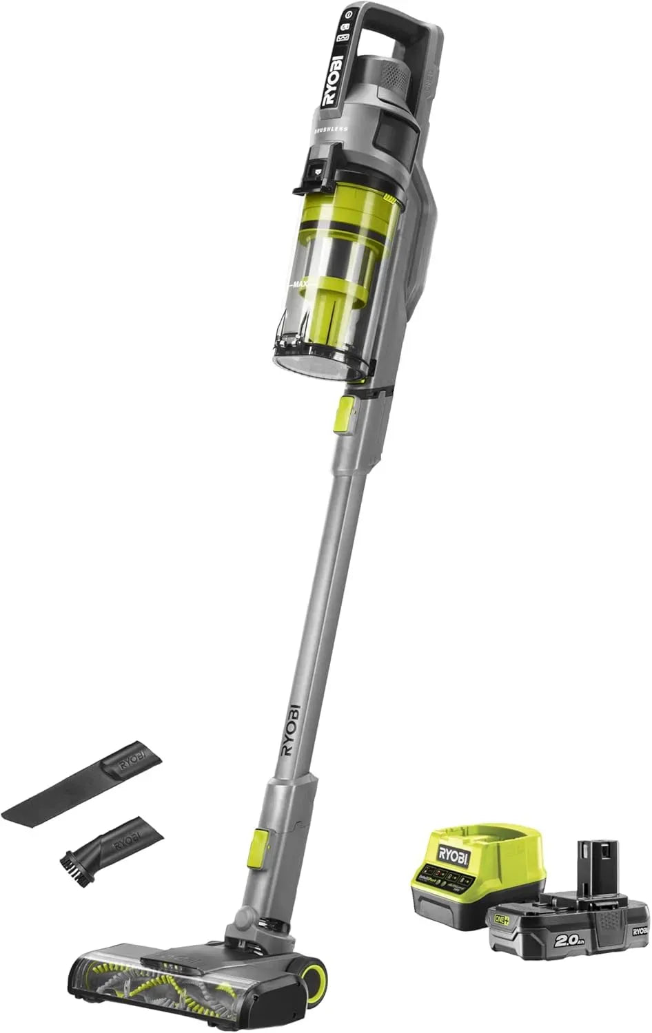 Aspirateur, 24 cm, 18 V, 1 Batterie Lithium+ 2,0 Ah, Livré avec 1 Brosse motorisée, 30 AW, 600 ML, 820 L/Min, 1 suceur Plat, Chargeur 2,0 A, RYOBI