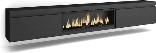 Meuble TV, 288x45x35 cm, noir, Cheminée électrique XXL, TV Grand Format