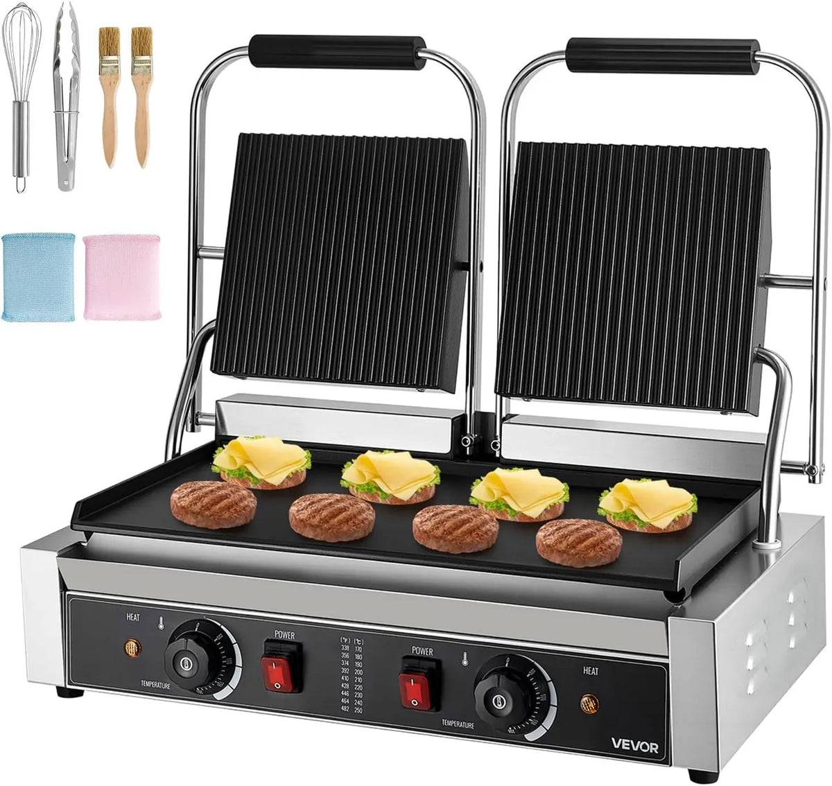 VEVOR Plaque de cuisson, 48,5x23 cm, 3600 W, gril, 2 zones de température, acier inoxydable, Gril Panini Électrique de 3600 W