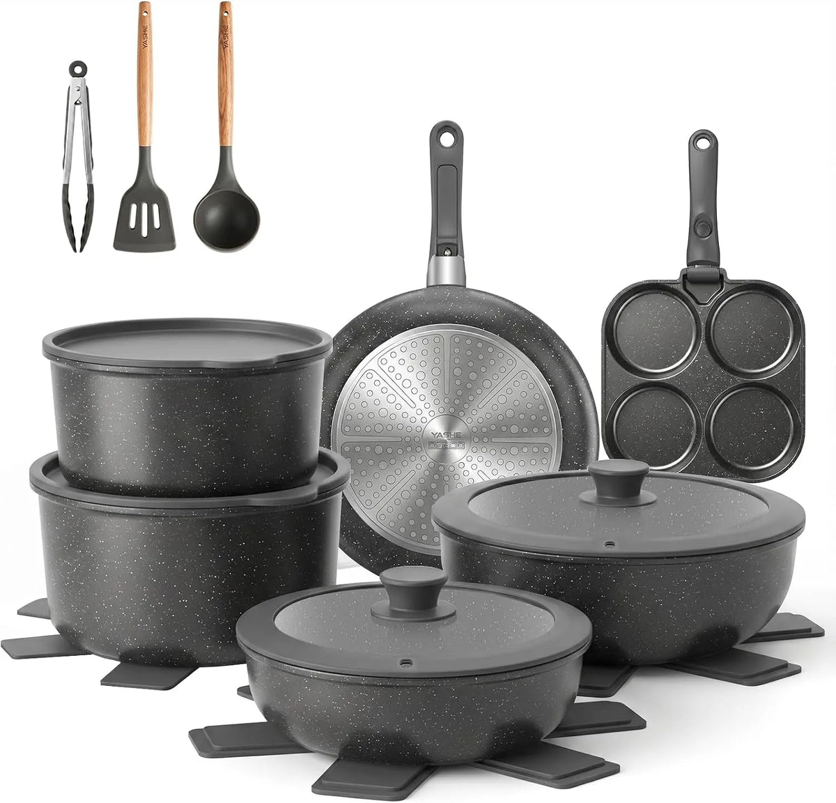 Batterie, batterie de casseroles et poêles, 20 Pièces, gris, Cuisine Induction Antiadhésive, YASHE