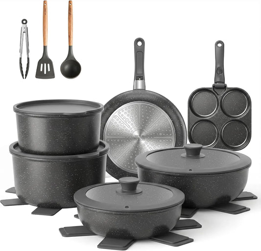 Batterie, batterie de casseroles et poêles, 20 Pièces, gris, Cuisine Induction Antiadhésive, YASHE