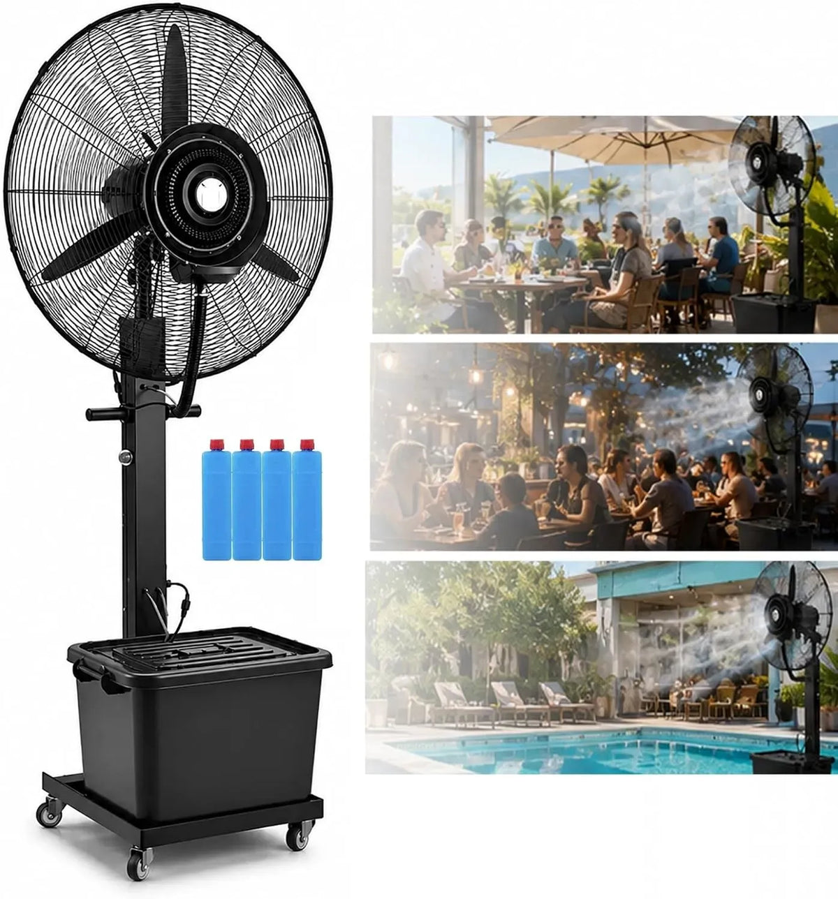 Rafraîchisseur d'air, 42 L, 3 vitesses, grand réservoir, restaurant, Ventilateur Brumisateur sur Pied avec Réservoir de 42 L, Oscillant & 3 Vitesses