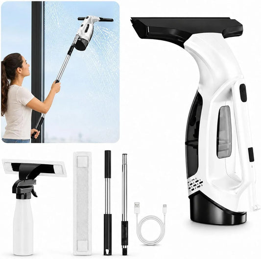 Blanc avec tige, portes de douche, Raclette pour fenêtre électrique sans fil 2000 Pa, Raclette électrique de 28 cm et réservoir de 150 ml pour