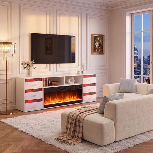 Meuble TV, 180x65x40cm, FENCHILIN RGB 6, pose libre, blanc, 180x 5x40cm Cheminée électrique avec 13 couleurs de flamme