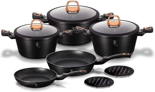 Batterie, batterie de casseroles et poêles, revêtement antiadhésif, 10 Pièces, noir, Cuisine de 10 Pièces Collection Black R