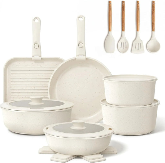 Batterie, batterie de casseroles et poêles, 21 Pièces, blanc, Cuisine Induction Antiadhésive, YASHE