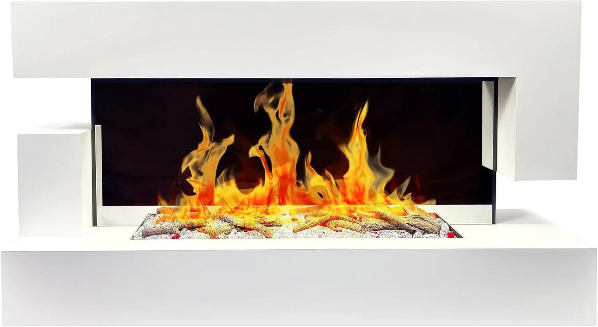 Chemin'Arte, Blanche, Cheminée Électrique LEDs Murale Design Quartz 120 cm, Garantie 2 Ans, Effet Flammes, Conçue en France
