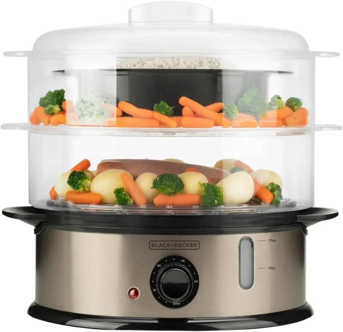 Black+Decker BXST800E Lave-vaisselle, 6,5 L, 800 W, minuteur, grand réservoir, vapeur, noir, 2 Plateaux Empilables + Bol à Riz, Minuterie 60 min