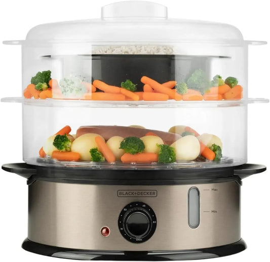 Black+Decker BXST800E Lave-vaisselle, 6,5 L, 800 W, minuteur, grand réservoir, vapeur, noir, 2 Plateaux Empilables + Bol à Riz, Minuterie 60 min