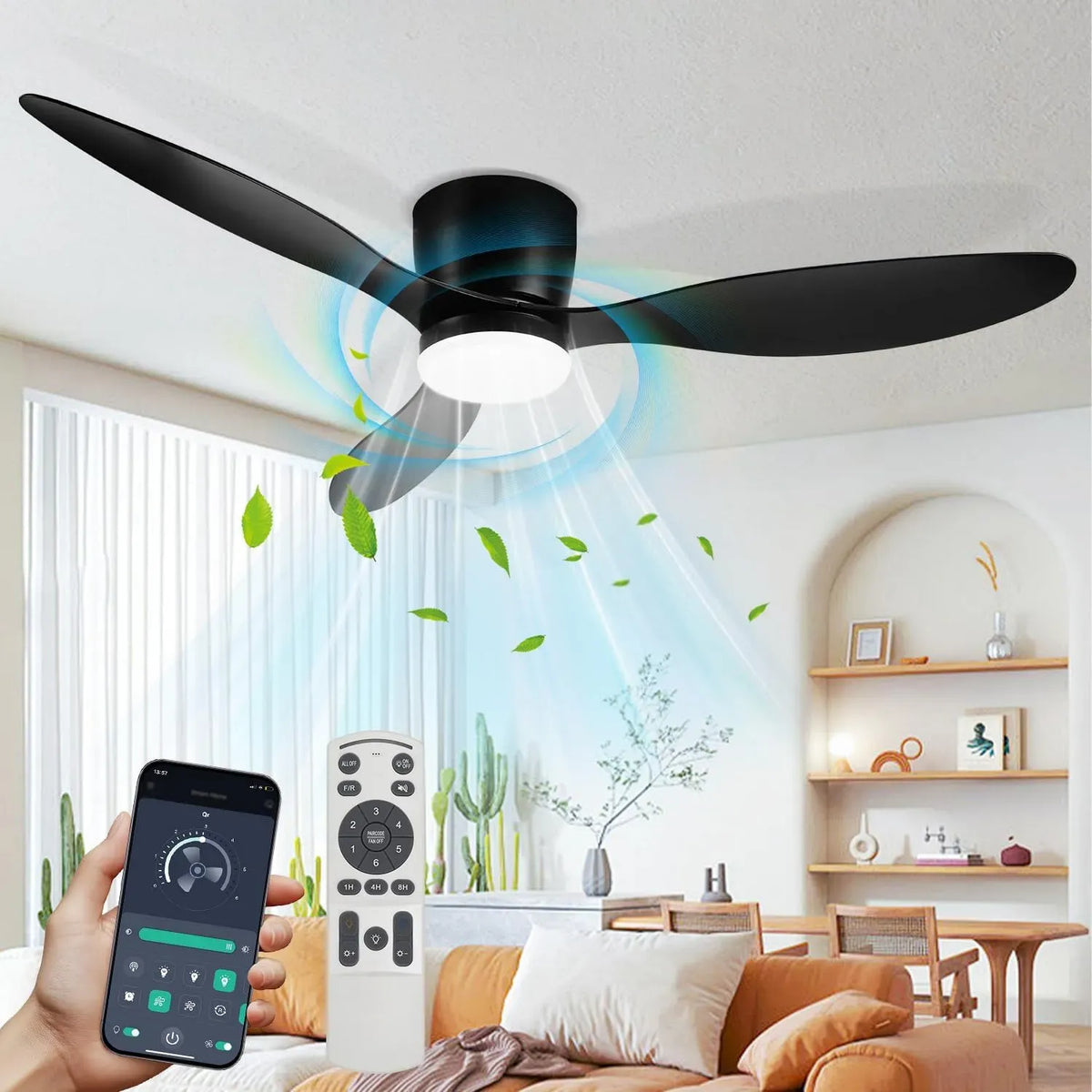 Ventilateur 2/4/8H, 132 cm, minuteur, Bluetooth, noir, LED Dimmable avec Télécommande et App Bluetooth, 6 Vitesses