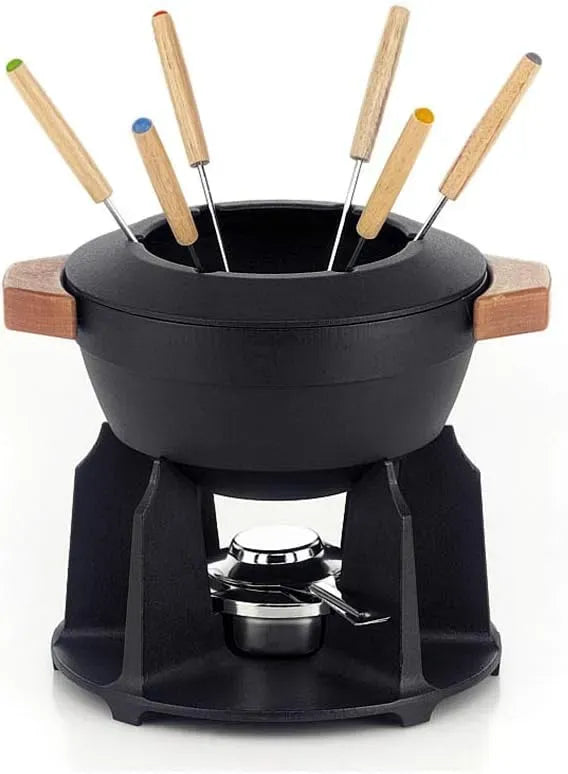 Fondue, 2 L, fonte, noir, bois, Le Creuset Service à Fondue en Fonte Émaillée avec manche en bois