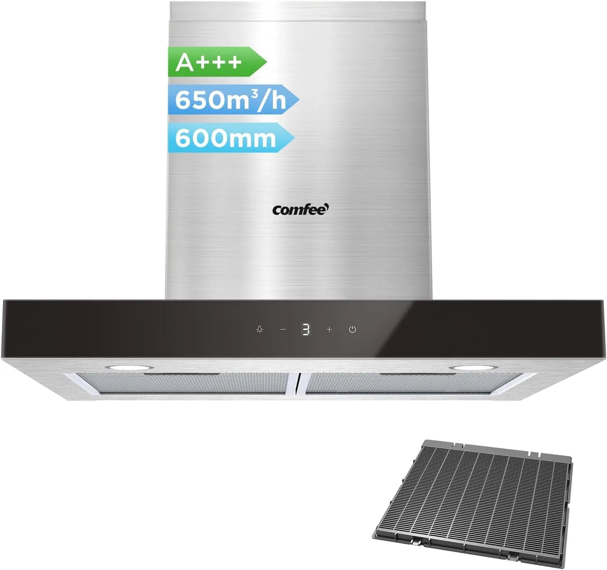 Hotte aspirante, 60 cm, 650 m3/h, classe énergétique A, hotte de cuisine, COMFEE TSHM77SS-60, acier inoxydable, système de recirculation et