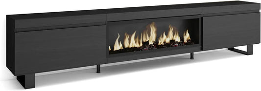 Meuble TV, 267x57x35 cm, industriel, noir, Cheminée électrique XXL, TV Grand Format